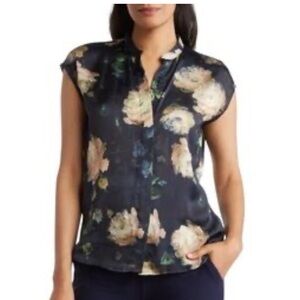 Elie Tahari Navy and Gold Floral Blouse